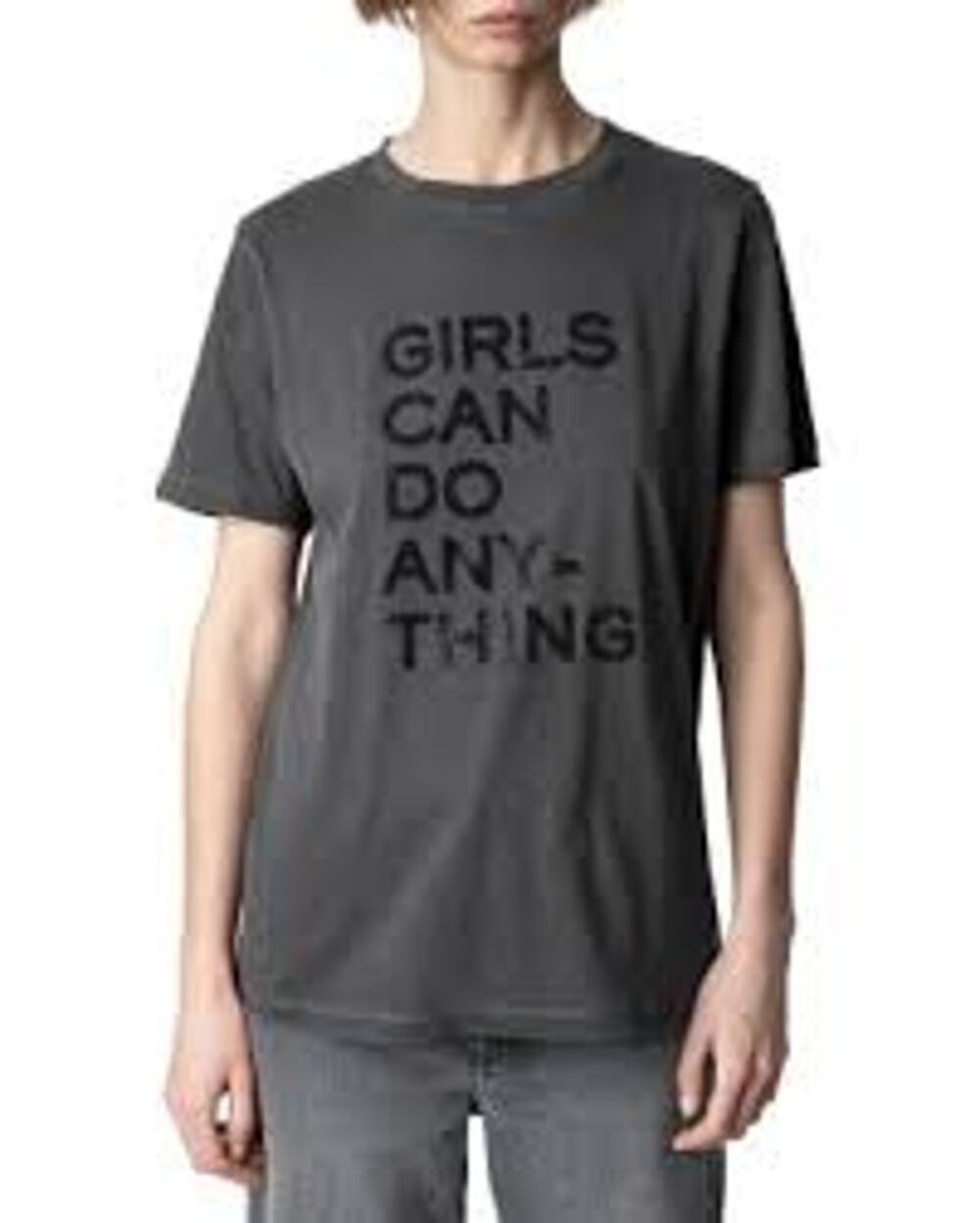 Zadig & Voltaire Bella Girls Can Do Anything T-Shirt Medium Gray Rhinestone
